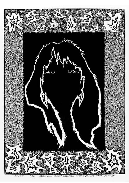 Handcarved linocut artwork print of a stylized fantasy scene of a girl's silhouette surrounded by an abstract flower frame with bold carved lines and high‑contrast ink. Printed on smooth high quality white paper.