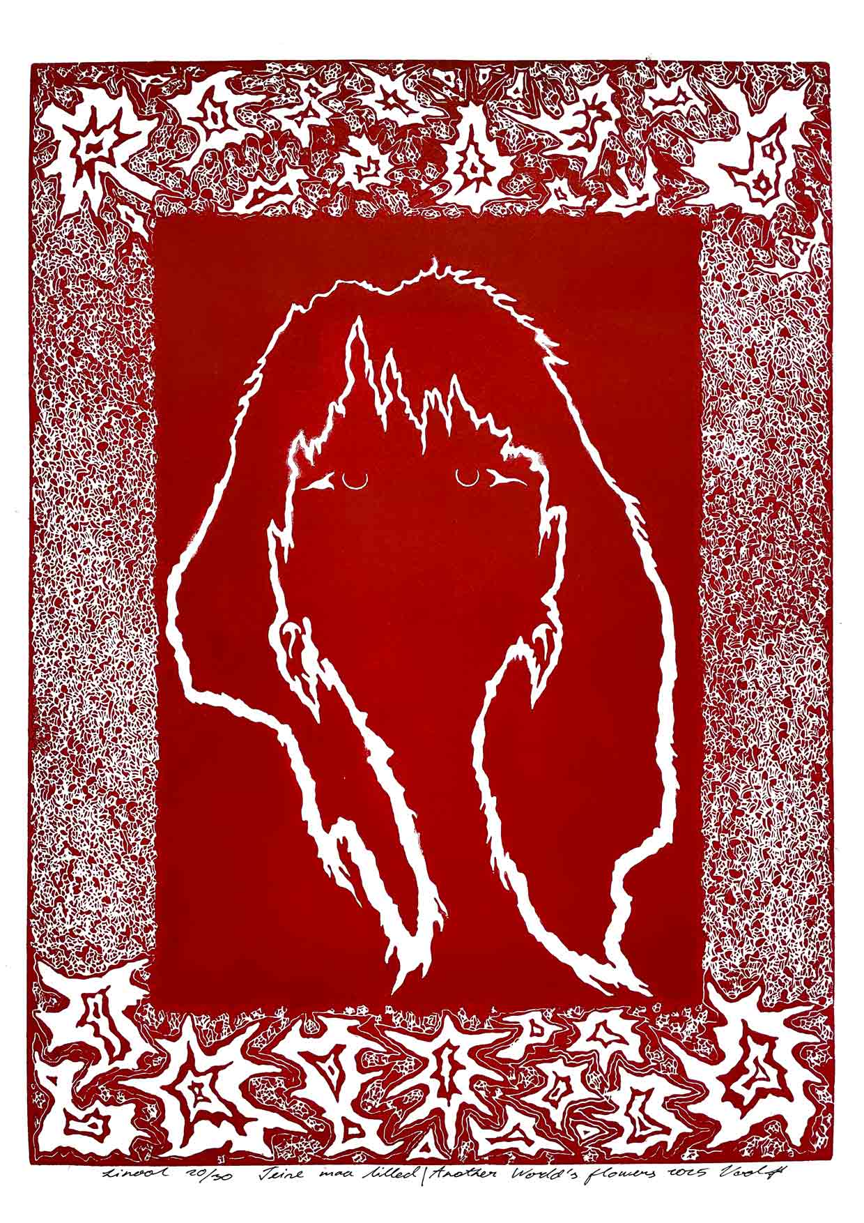 Handcarved linocut artwork print of a stylized fantasy scene of a girl's silhouette surrounded by an abstract flower frame with bold carved lines and high‑contrast ink. Printed on smooth high quality white paper.