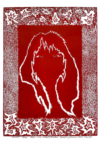 Handcarved linocut artwork print of a stylized fantasy scene of a girl's silhouette surrounded by an abstract flower frame with bold carved lines and high‑contrast ink. Printed on smooth high quality white paper.