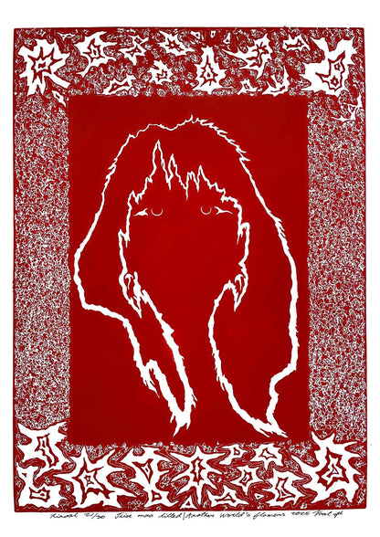 Handcarved linocut artwork print of a stylized fantasy scene of a girl's silhouette surrounded by an abstract flower frame with bold carved lines and high‑contrast ink. Printed on smooth high quality white paper.