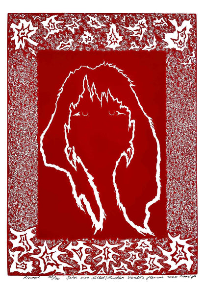 Handcarved linocut artwork print of a stylized fantasy scene of a girl's silhouette surrounded by an abstract flower frame with bold carved lines and high‑contrast ink. Printed on smooth high quality white paper.