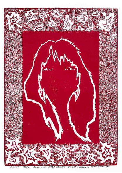 Handcarved linocut artwork print of a stylized fantasy scene of a girl's silhouette surrounded by an abstract flower frame with bold carved lines and high‑contrast ink. Printed on smooth high quality white paper.