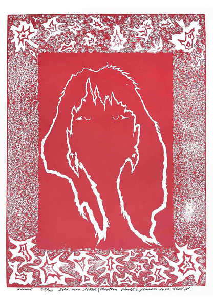 Handcarved linocut artwork print of a stylized fantasy scene of a girl's silhouette surrounded by an abstract flower frame with bold carved lines and high‑contrast ink. Printed on smooth high quality white paper.