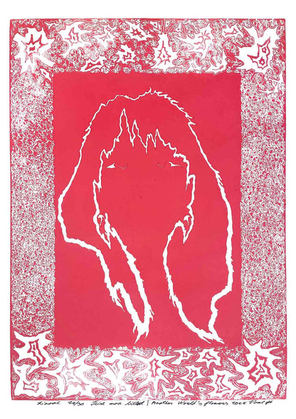 Handcarved linocut artwork print of a stylized fantasy scene of a girl's silhouette surrounded by an abstract flower frame with bold carved lines and high‑contrast ink. Printed on smooth high quality white paper.