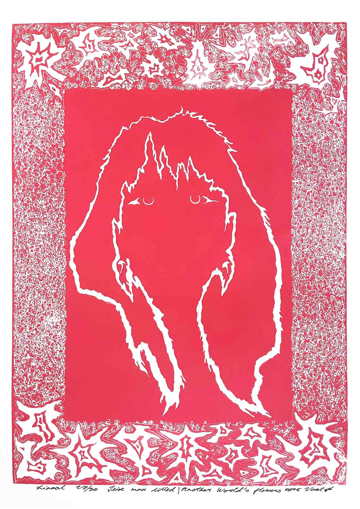 Handcarved linocut artwork print of a stylized fantasy scene of a girl's silhouette surrounded by an abstract flower frame with bold carved lines and high‑contrast ink. Printed on smooth high quality white paper.