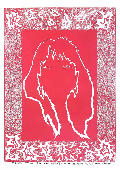 Handcarved linocut artwork print of a stylized fantasy scene of a girl's silhouette surrounded by an abstract flower frame with bold carved lines and high‑contrast ink. Printed on smooth high quality white paper.