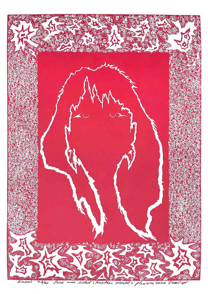Handcarved linocut artwork print of a stylized fantasy scene of a girl's silhouette surrounded by an abstract flower frame with bold carved lines and high‑contrast ink. Printed on smooth high quality white paper.