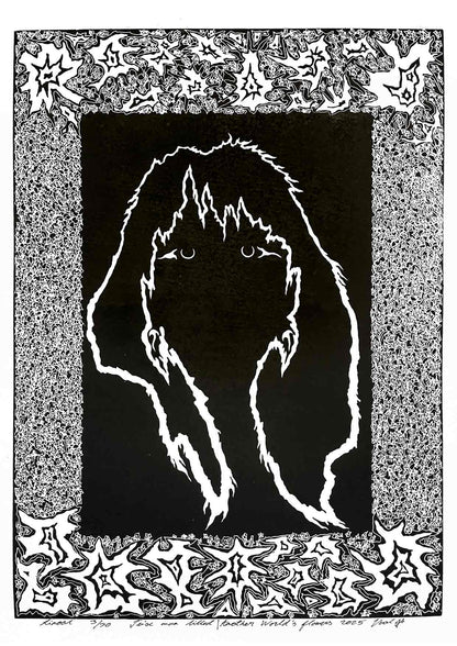 Handcarved linocut artwork print of a stylized fantasy scene of a girl's silhouette surrounded by an abstract flower frame with bold carved lines and high‑contrast ink. Printed on smooth high quality white paper.