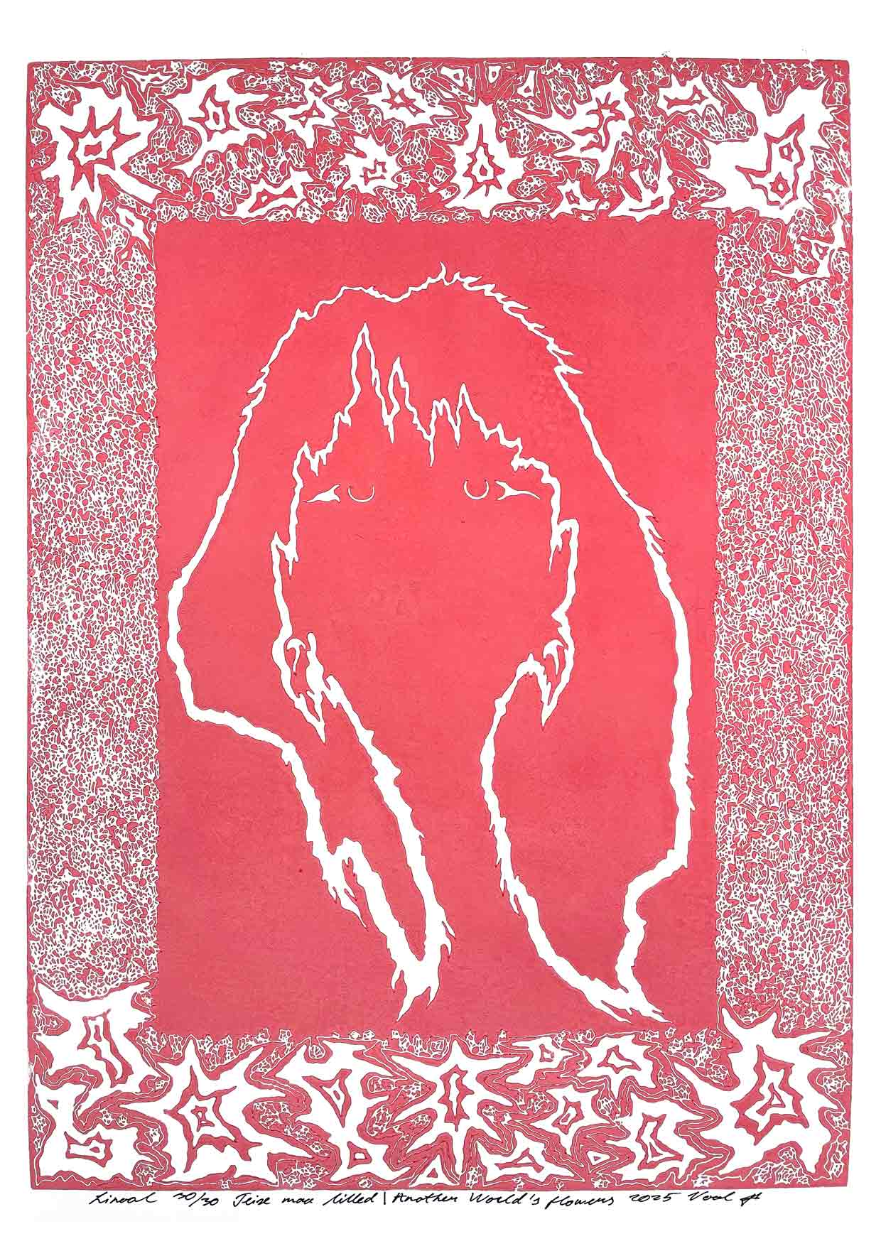 Handcarved linocut artwork print of a stylized fantasy scene of a girl's silhouette surrounded by an abstract flower frame with bold carved lines and high‑contrast ink. Printed on smooth high quality white paper.
