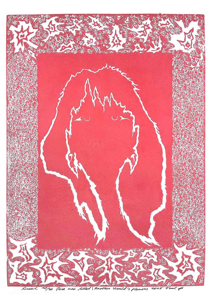 Handcarved linocut artwork print of a stylized fantasy scene of a girl's silhouette surrounded by an abstract flower frame with bold carved lines and high‑contrast ink. Printed on smooth high quality white paper.