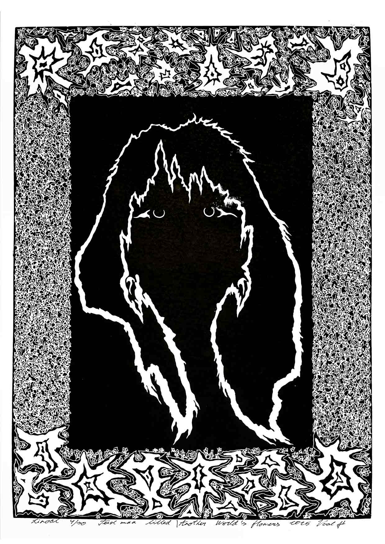 Handcarved linocut artwork print of a stylized fantasy scene of a girl's silhouette surrounded by an abstract flower frame with bold carved lines and high‑contrast ink. Printed on smooth high quality white paper.
