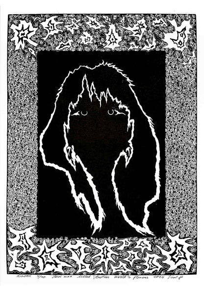 Handcarved linocut artwork print of a stylized fantasy scene of a girl's silhouette surrounded by an abstract flower frame with bold carved lines and high‑contrast ink. Printed on smooth high quality white paper.