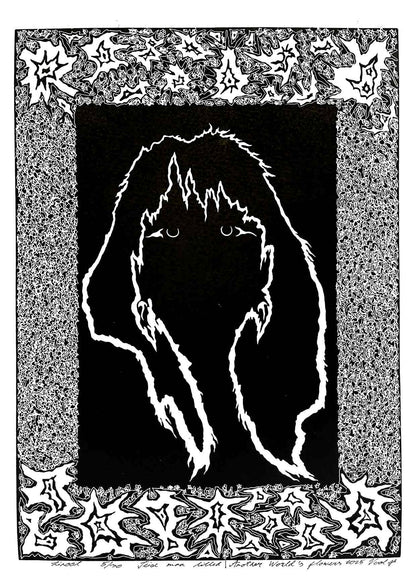 Handcarved linocut artwork print of a stylized fantasy scene of a girl's silhouette surrounded by an abstract flower frame with bold carved lines and high‑contrast ink. Printed on smooth high quality white paper.