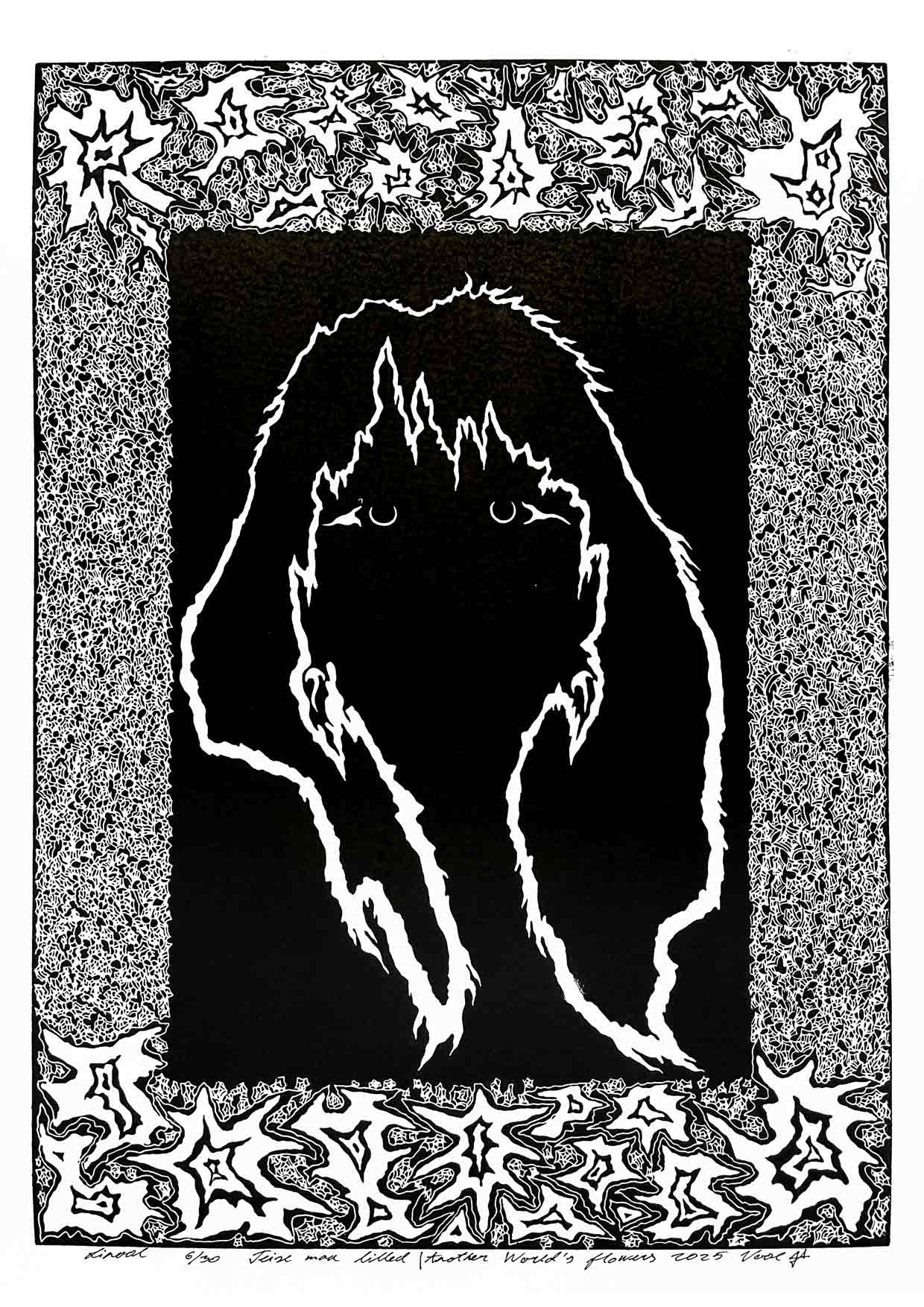Handcarved linocut artwork print of a stylized fantasy scene of a girl's silhouette surrounded by an abstract flower frame with bold carved lines and high‑contrast ink. Printed on smooth high quality white paper.
