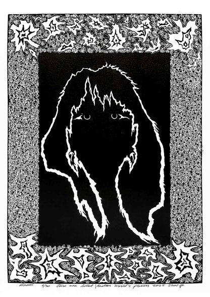 Handcarved linocut artwork print of a stylized fantasy scene of a girl's silhouette surrounded by an abstract flower frame with bold carved lines and high‑contrast ink. Printed on smooth high quality white paper.