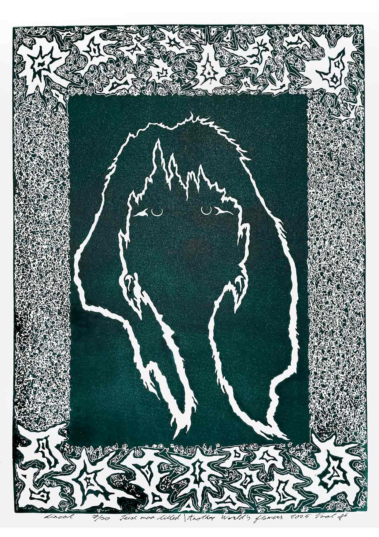 Handcarved linocut artwork print of a stylized fantasy scene of a girl's silhouette surrounded by an abstract flower frame with bold carved lines and high‑contrast ink. Printed on smooth high quality white paper.