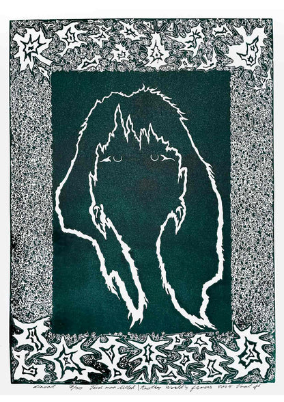 Handcarved linocut artwork print of a stylized fantasy scene of a girl's silhouette surrounded by an abstract flower frame with bold carved lines and high‑contrast ink. Printed on smooth high quality white paper.
