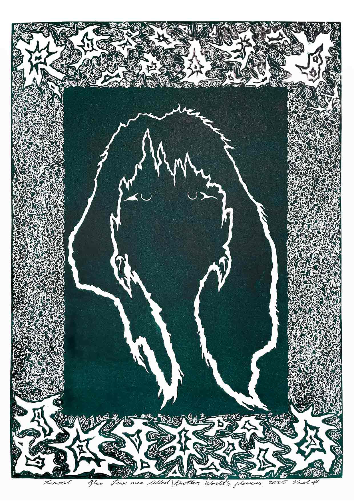 Handcarved linocut artwork print of a stylized fantasy scene of a girl's silhouette surrounded by an abstract flower frame with bold carved lines and high‑contrast ink. Printed on smooth high quality white paper.