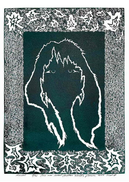 Handcarved linocut artwork print of a stylized fantasy scene of a girl's silhouette surrounded by an abstract flower frame with bold carved lines and high‑contrast ink. Printed on smooth high quality white paper.