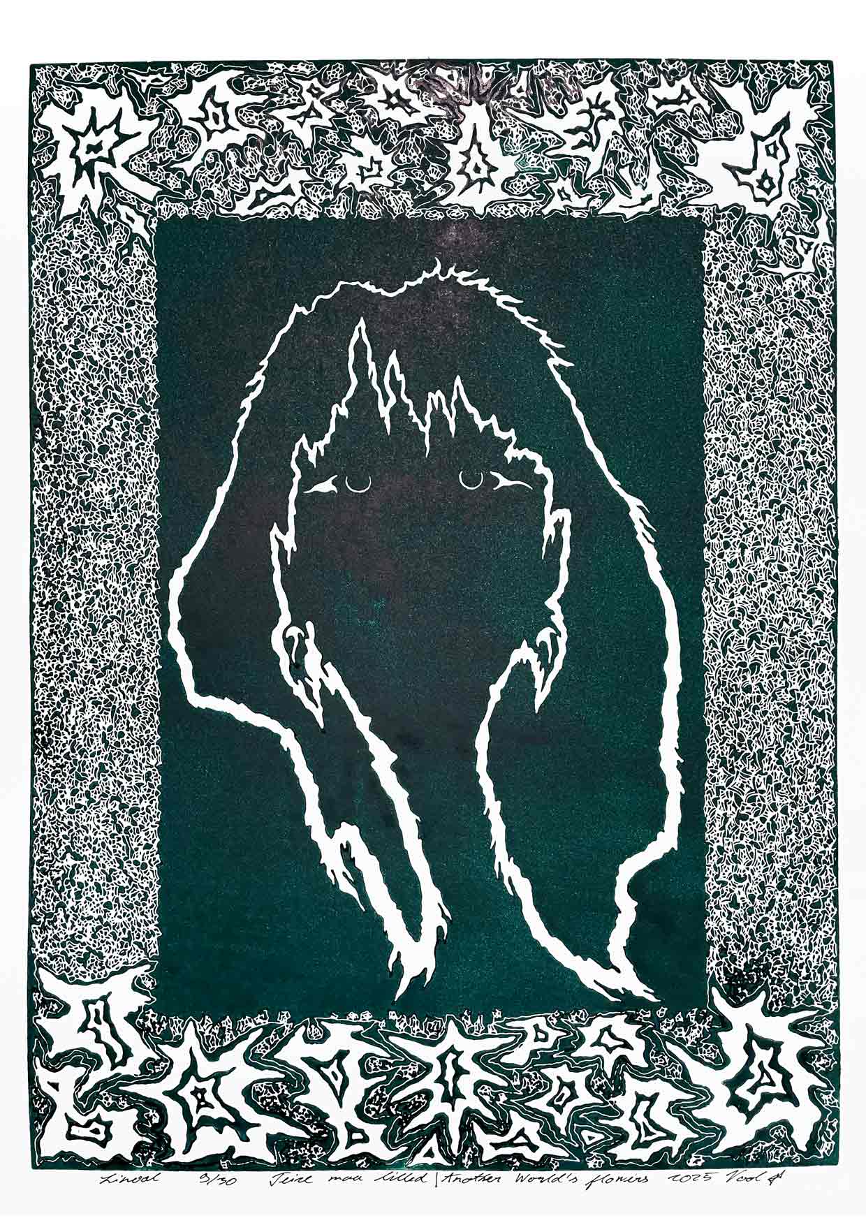 Handcarved linocut artwork print of a stylized fantasy scene of a girl's silhouette surrounded by an abstract flower frame with bold carved lines and high‑contrast ink. Printed on smooth high quality white paper.
