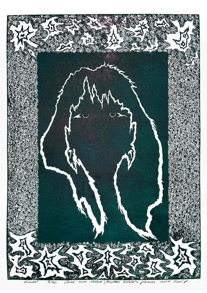 Handcarved linocut artwork print of a stylized fantasy scene of a girl's silhouette surrounded by an abstract flower frame with bold carved lines and high‑contrast ink. Printed on smooth high quality white paper.