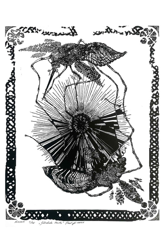Handcarved linocut artwork print of a stylized scene of two mosquitoes flying around a flower bud with bold carved lines and high‑contrast ink. Printed on smooth high quality white paper.
