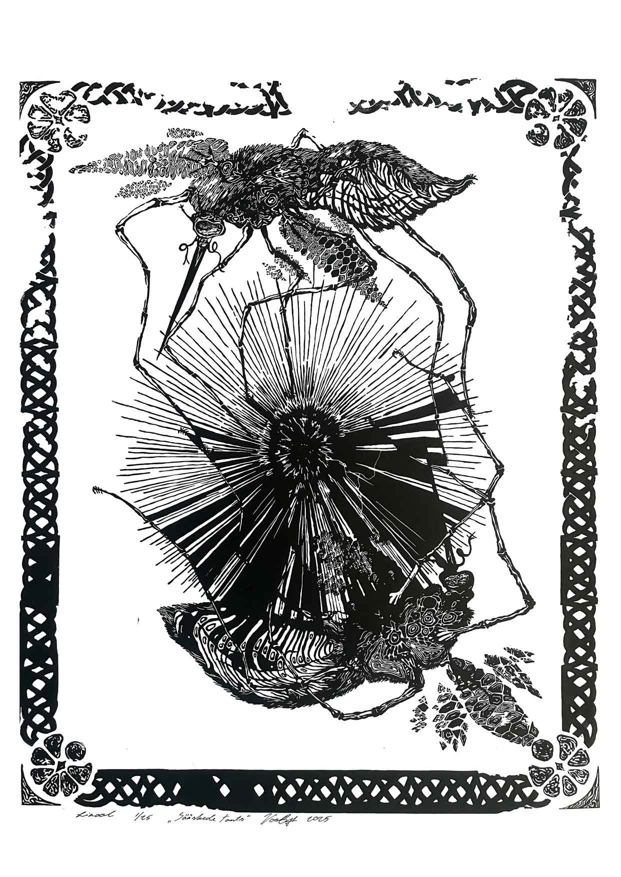 Handcarved linocut artwork print of a stylized scene of two mosquitoes flying around a flower bud with bold carved lines and high‑contrast ink. Printed on smooth high quality white paper.

