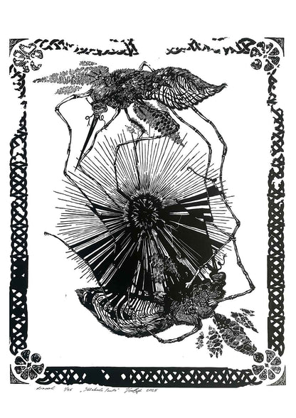 Handcarved linocut artwork print of a stylized scene of two mosquitoes flying around a flower bud with bold carved lines and high‑contrast ink. Printed on smooth high quality white paper.
