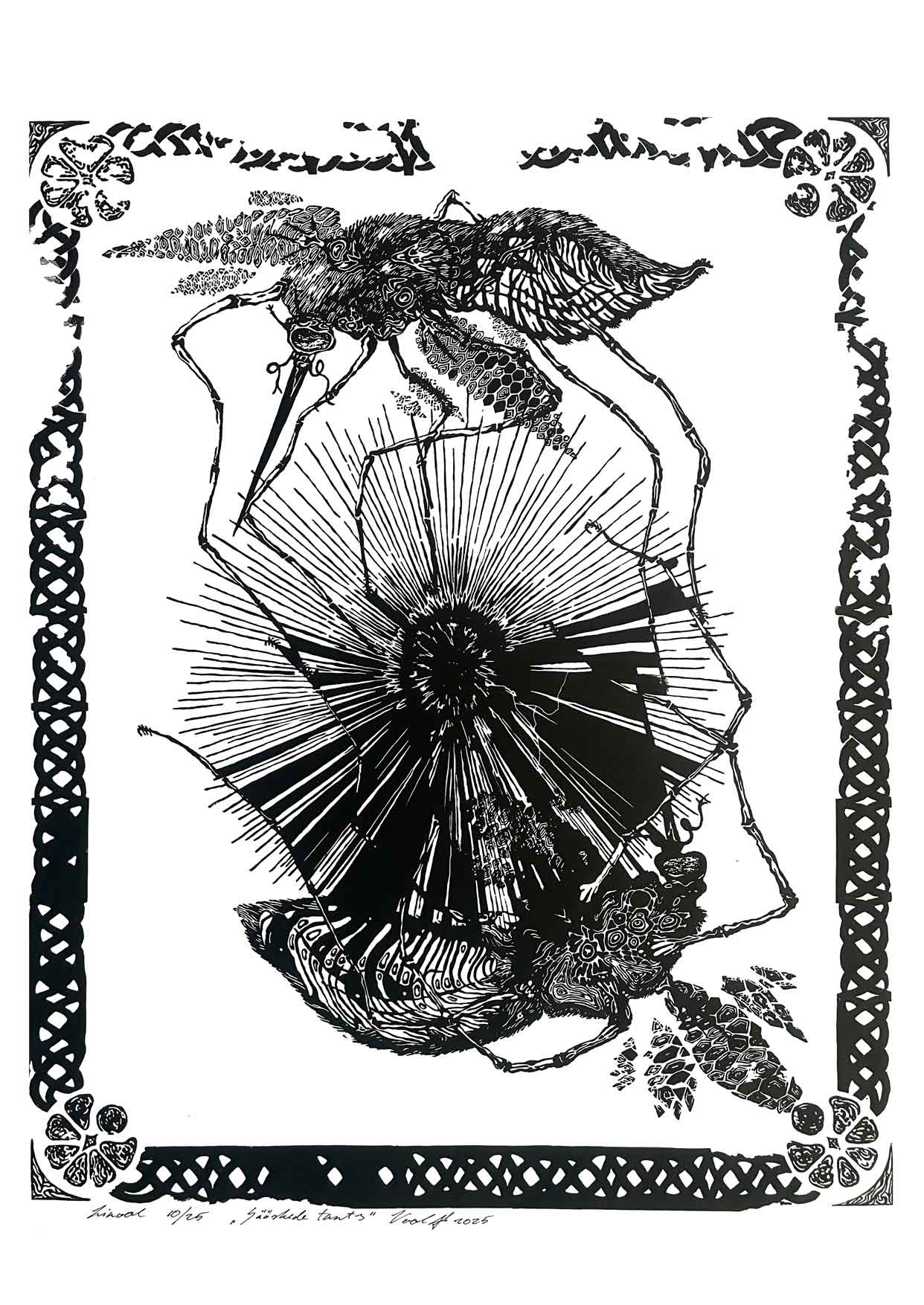 Handcarved linocut artwork print of a stylized scene of two mosquitoes flying around a flower bud with bold carved lines and high‑contrast ink. Printed on smooth high quality white paper.
