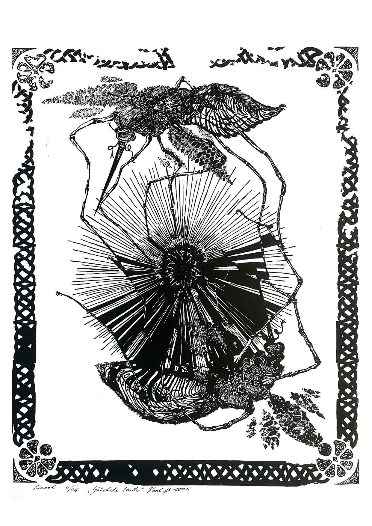Handcarved linocut artwork print of a stylized scene of two mosquitoes flying around a flower bud with bold carved lines and high‑contrast ink. Printed on smooth high quality white paper.

