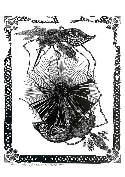 Handcarved linocut artwork print of a stylized scene of two mosquitoes flying around a flower bud with bold carved lines and high‑contrast ink. Printed on smooth high quality white paper.
