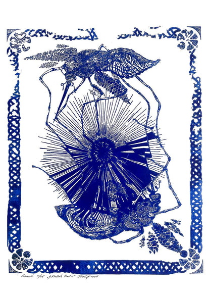 Handcarved linocut artwork print of a stylized scene of two mosquitoes flying around a flower bud with bold carved lines and high‑contrast ink. Printed on smooth high quality white paper.
