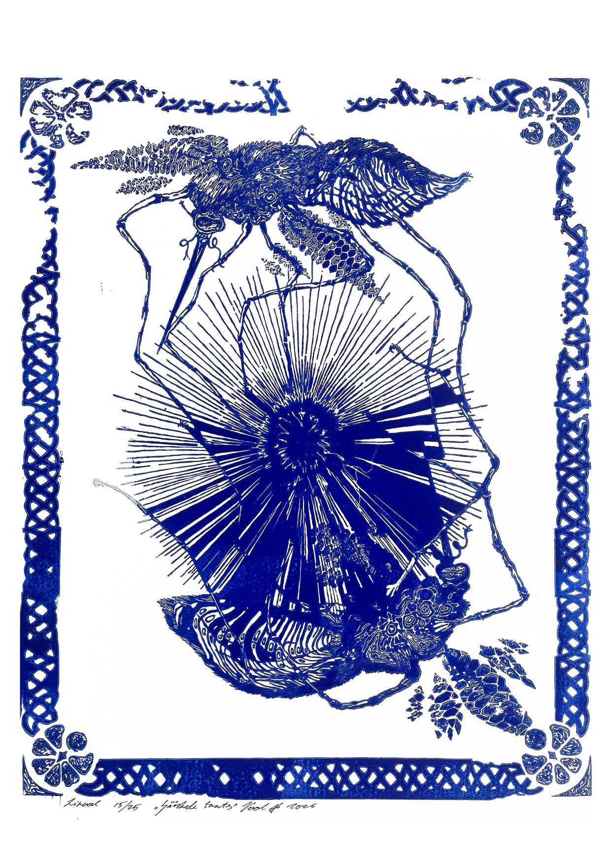 Handcarved linocut artwork print of a stylized scene of two mosquitoes flying around a flower bud with bold carved lines and high‑contrast ink. Printed on smooth high quality white paper.
