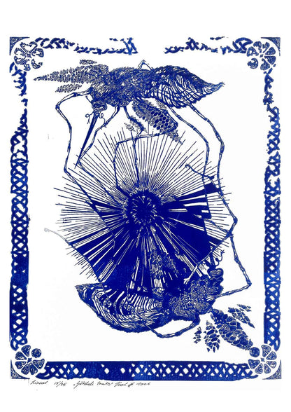 Handcarved linocut artwork print of a stylized scene of two mosquitoes flying around a flower bud with bold carved lines and high‑contrast ink. Printed on smooth high quality white paper.
