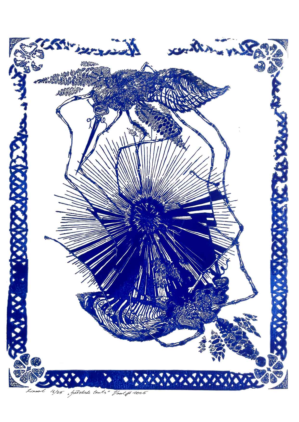 Handcarved linocut artwork print of a stylized scene of two mosquitoes flying around a flower bud with bold carved lines and high‑contrast ink. Printed on smooth high quality white paper.
