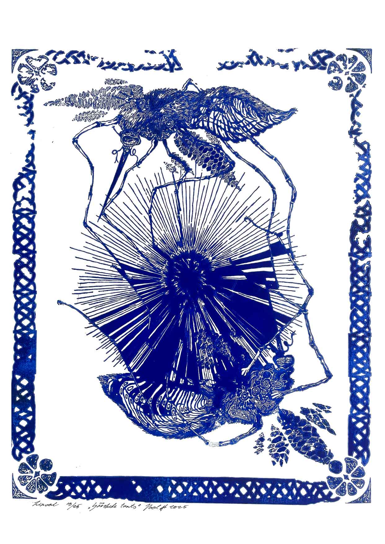 Handcarved linocut artwork print of a stylized scene of two mosquitoes flying around a flower bud with bold carved lines and high‑contrast ink. Printed on smooth high quality white paper.
