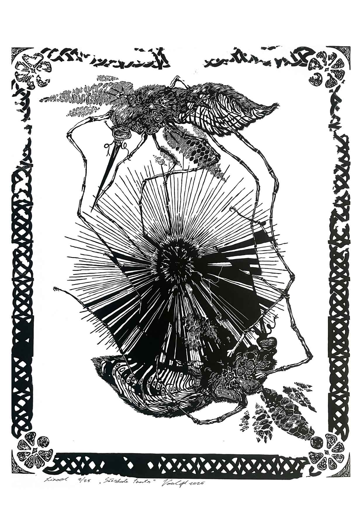 Handcarved linocut artwork print of a stylized scene of two mosquitoes flying around a flower bud with bold carved lines and high‑contrast ink. Printed on smooth high quality white paper.
