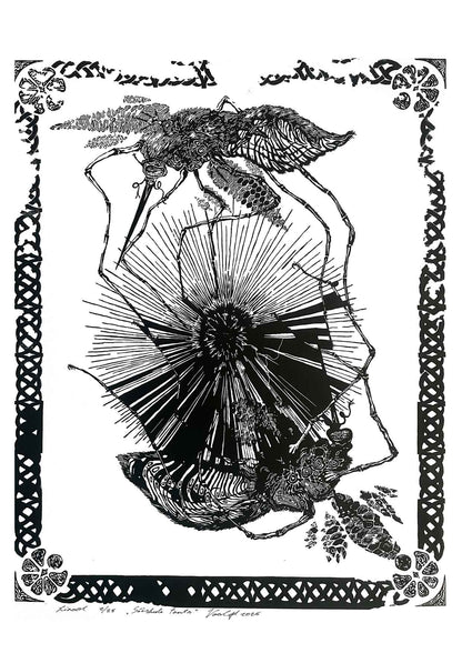Handcarved linocut artwork print of a stylized scene of two mosquitoes flying around a flower bud with bold carved lines and high‑contrast ink. Printed on smooth high quality white paper.
