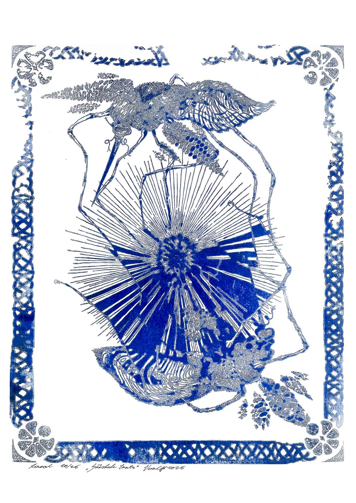 Handcarved linocut artwork print of a stylized scene of two mosquitoes flying around a flower bud with bold carved lines and high‑contrast ink. Printed on smooth high quality white paper.
