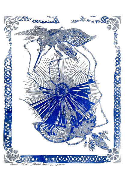 Handcarved linocut artwork print of a stylized scene of two mosquitoes flying around a flower bud with bold carved lines and high‑contrast ink. Printed on smooth high quality white paper.
