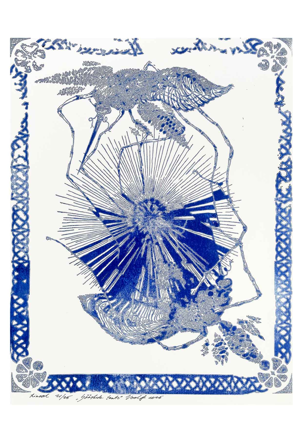Handcarved linocut artwork print of a stylized scene of two mosquitoes flying around a flower bud with bold carved lines and high‑contrast ink. Printed on smooth high quality white paper.
