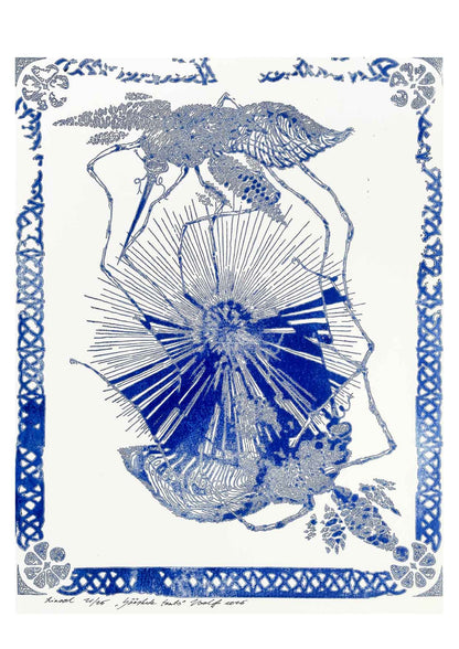 Handcarved linocut artwork print of a stylized scene of two mosquitoes flying around a flower bud with bold carved lines and high‑contrast ink. Printed on smooth high quality white paper.
