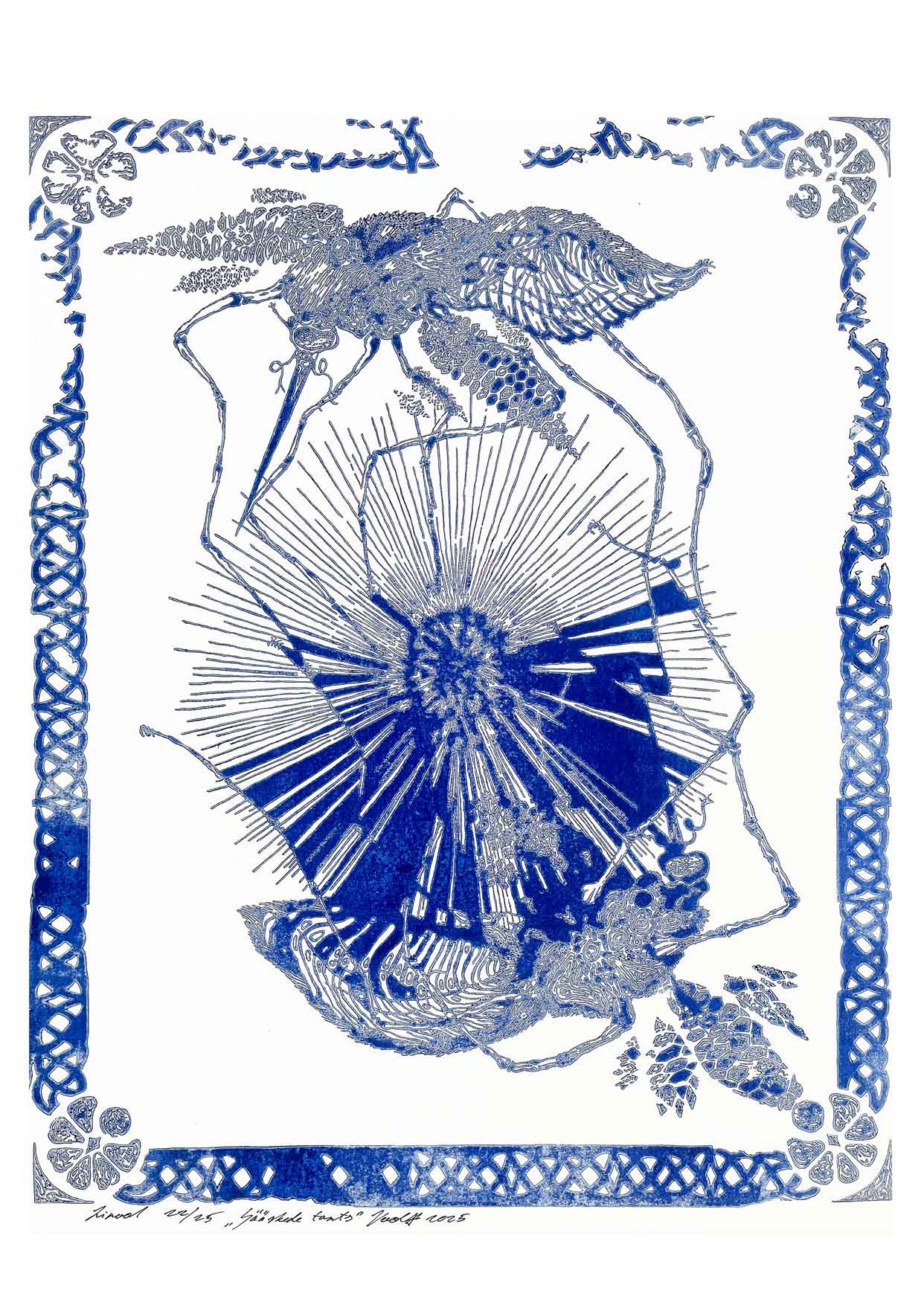 Handcarved linocut artwork print of a stylized scene of two mosquitoes flying around a flower bud with bold carved lines and high‑contrast ink. Printed on smooth high quality white paper.
