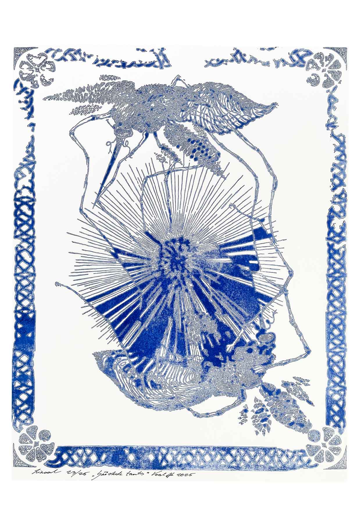 Handcarved linocut artwork print of a stylized scene of two mosquitoes flying around a flower bud with bold carved lines and high‑contrast ink. Printed on smooth high quality white paper.

