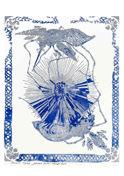 Handcarved linocut artwork print of a stylized scene of two mosquitoes flying around a flower bud with bold carved lines and high‑contrast ink. Printed on smooth high quality white paper.
