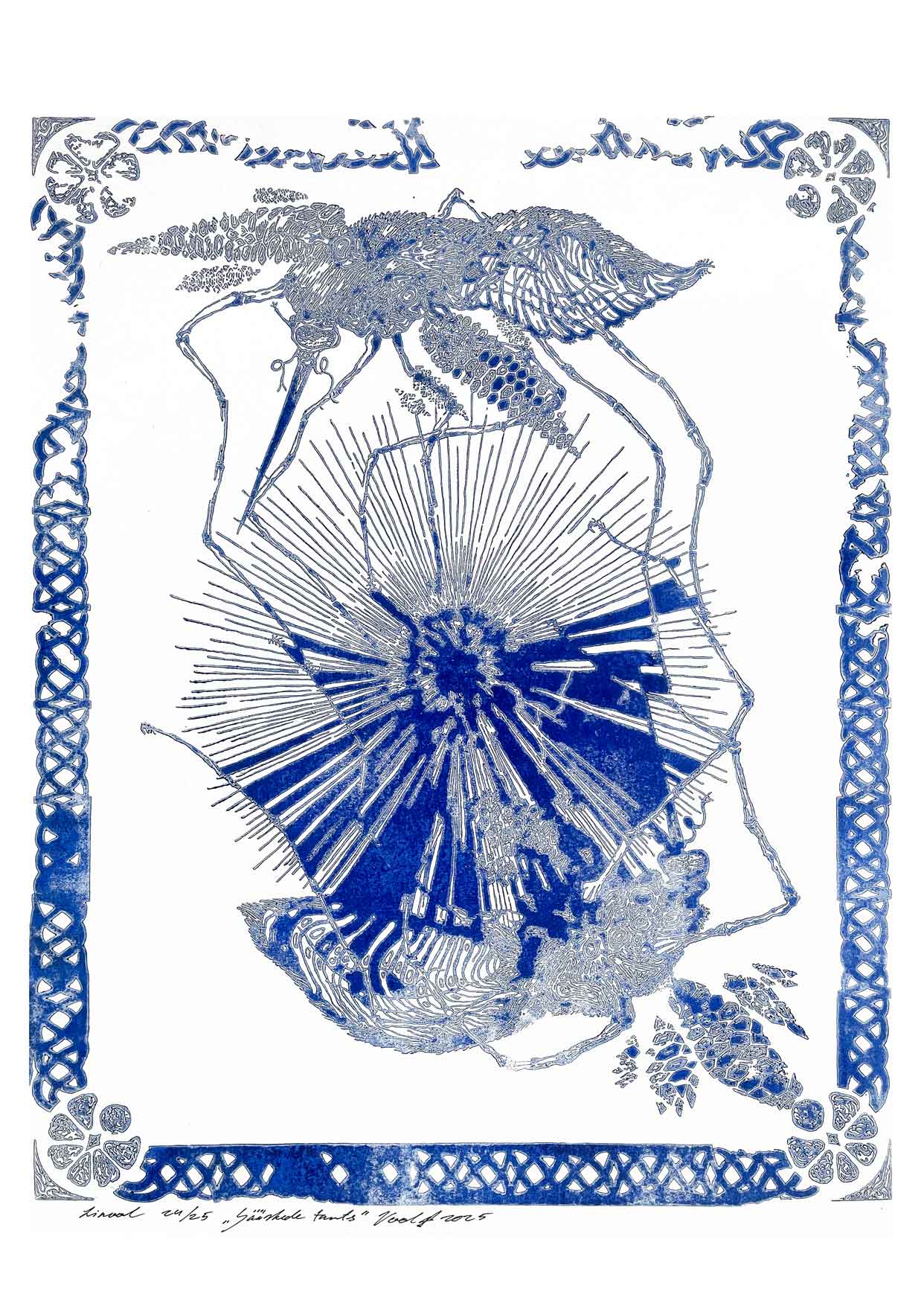 Handcarved linocut artwork print of a stylized scene of two mosquitoes flying around a flower bud with bold carved lines and high‑contrast ink. Printed on smooth high quality white paper.
