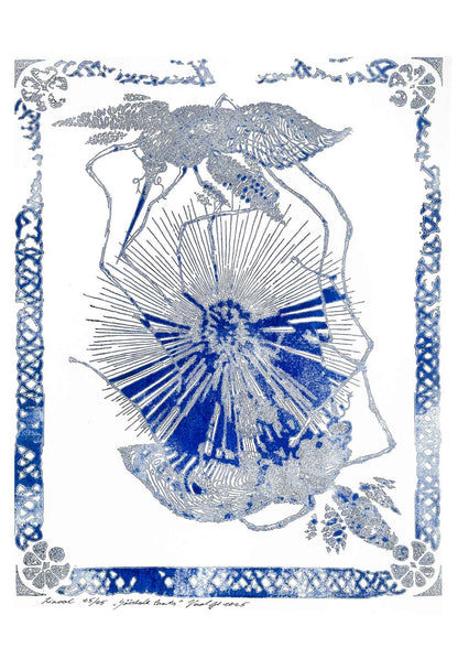 Handcarved linocut artwork print of a stylized scene of two mosquitoes flying around a flower bud with bold carved lines and high‑contrast ink. Printed on smooth high quality white paper.
