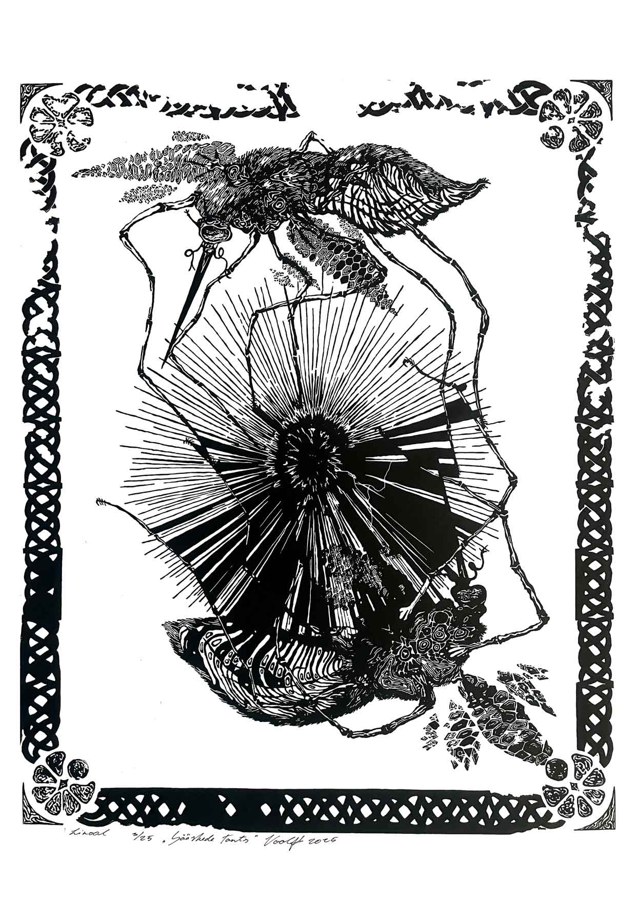 Handcarved linocut artwork print of a stylized scene of two mosquitoes flying around a flower bud with bold carved lines and high‑contrast ink. Printed on smooth high quality white paper.
