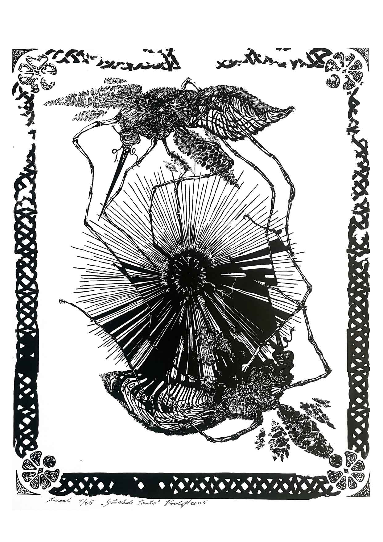 Handcarved linocut artwork print of a stylized scene of two mosquitoes flying around a flower bud with bold carved lines and high‑contrast ink. Printed on smooth high quality white paper.
