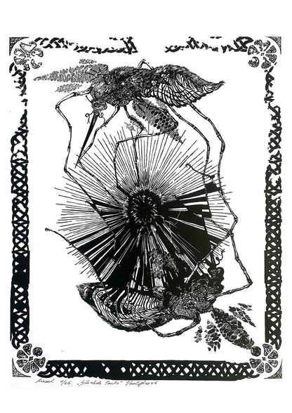 Handcarved linocut artwork print of a stylized scene of two mosquitoes flying around a flower bud with bold carved lines and high‑contrast ink. Printed on smooth high quality white paper.
